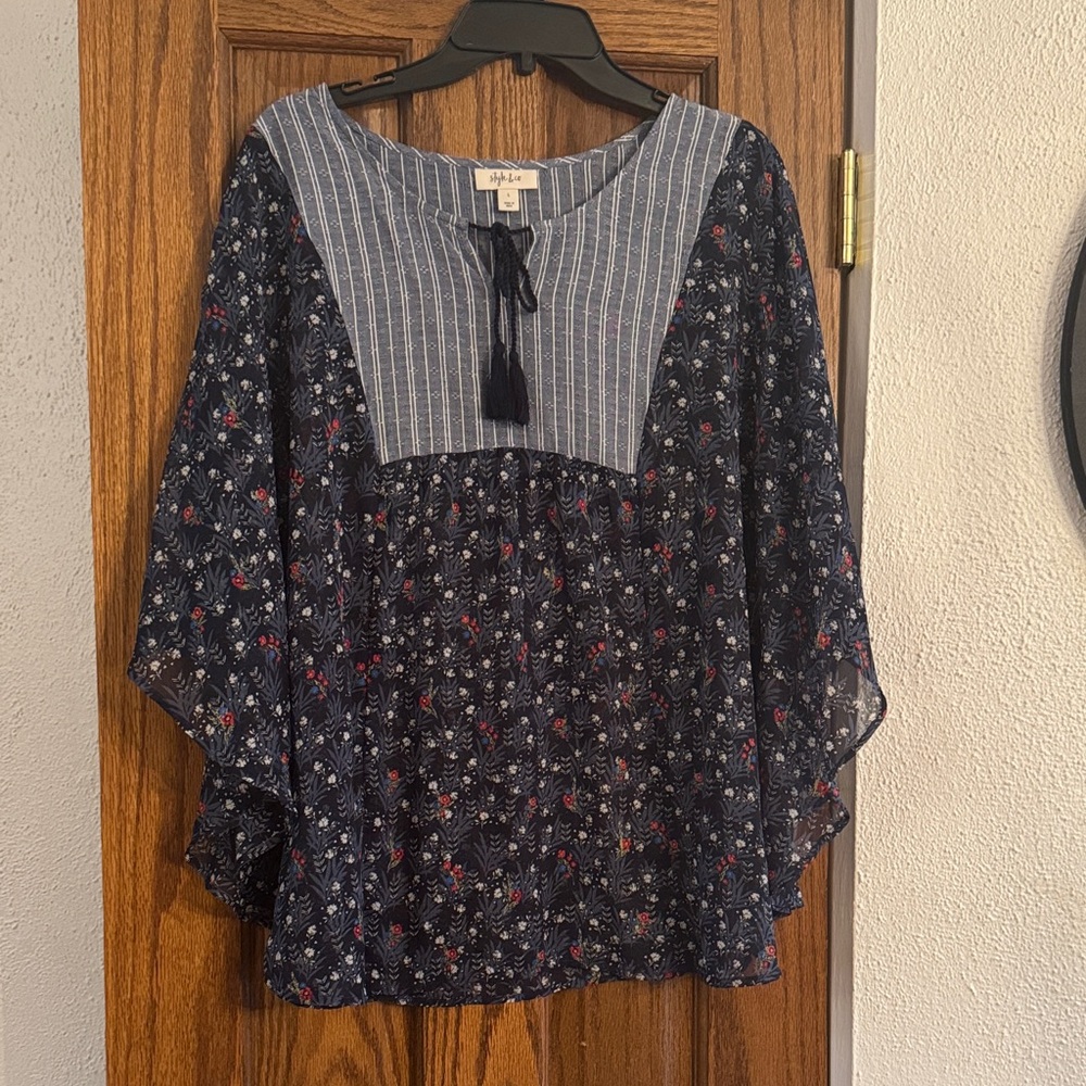Style & Co. Navy Floral Blouse with Tassel